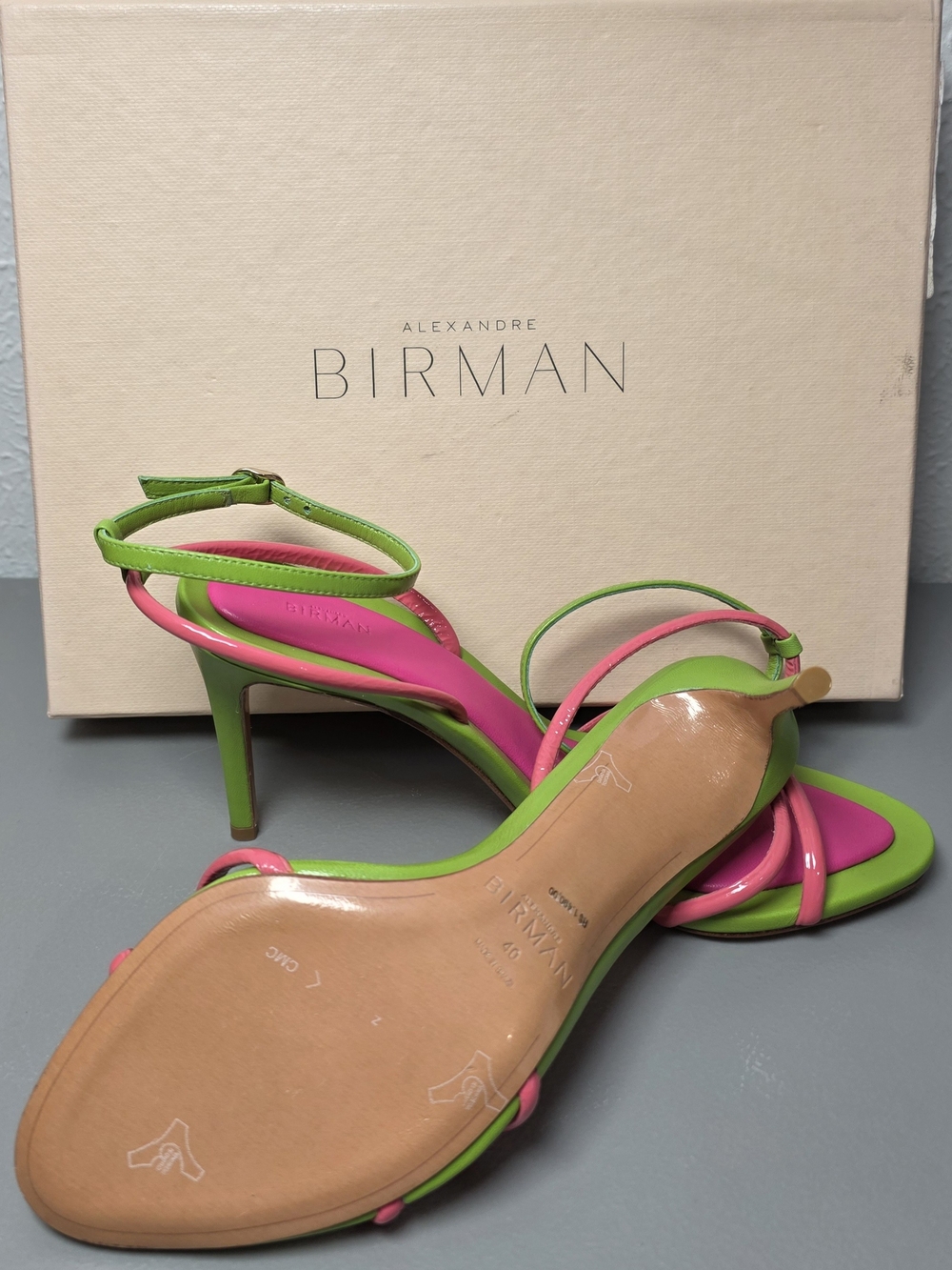Alexandre Birman Pink and Lime Green Strappy Stiletto Sandals